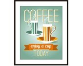Coffee Art Mid Century Giclee Print Jade, Orange, Coffee Cup 8 X 10 Art Print with Mat