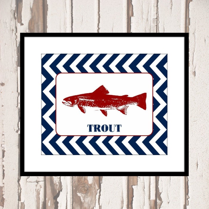 Cottage Cabin Beach Art, Trout , Fish, Chevron, Sea Life Print, 8 X 10 with Mat