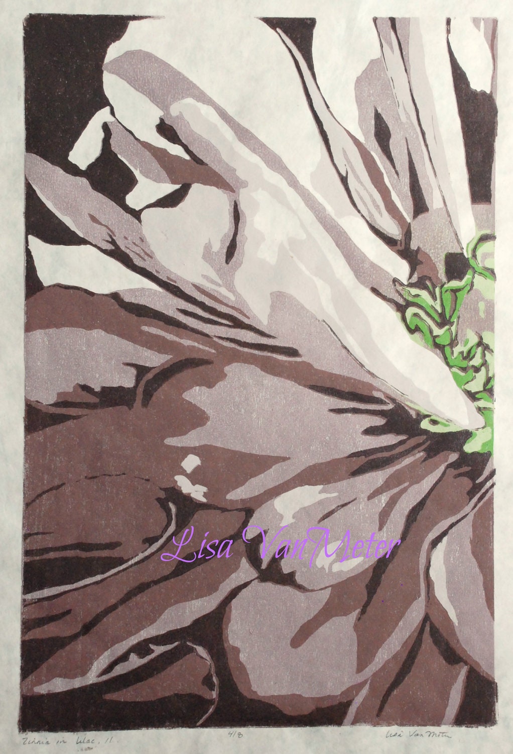 Zinnia in Lilac, II, relief woodcut