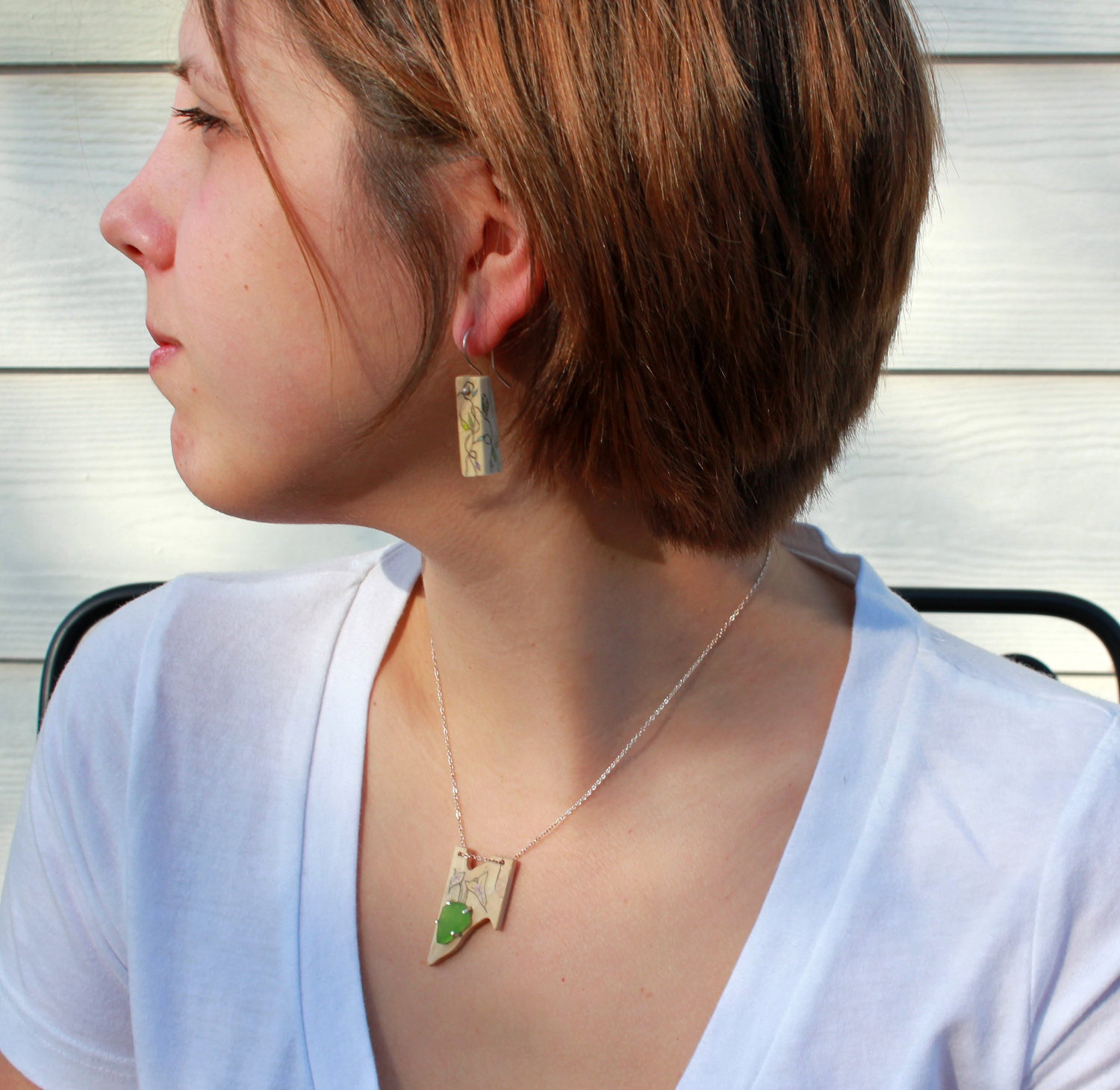 Green Sea Glass--Fossil Mammoth Ivory Pendant-- Elephant Ear Scrimshaw