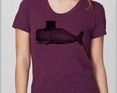 Whale Top Hat Women's T Shirt  American Apparel Eco Friendly Womens Clothing Womens Shirt Womens Top S, M, L, XL 8 Colors