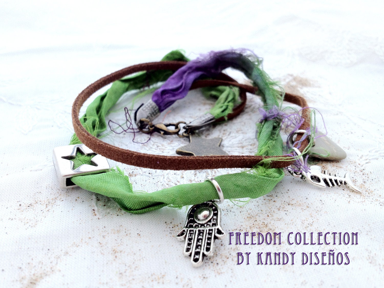 Woods anklet Ankle bracelet boho Grape purple fresh green sari silk Summer feeling Hamsa star fish bracelet