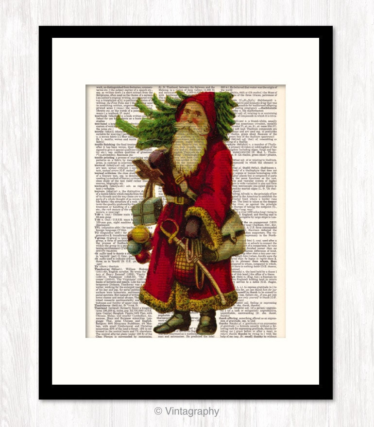 Dictionary Art Print Vintage VICTORIAN SANTA mixed media altered art dictionary book page art print