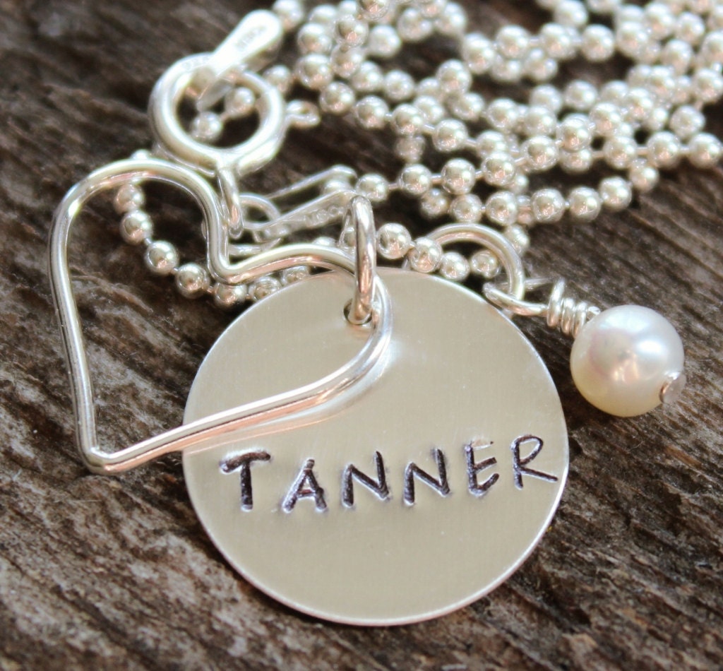 Hand Staped Name Necklace - Big Love Sterling Silver With Large Open Heart and Pearl or Bithstone