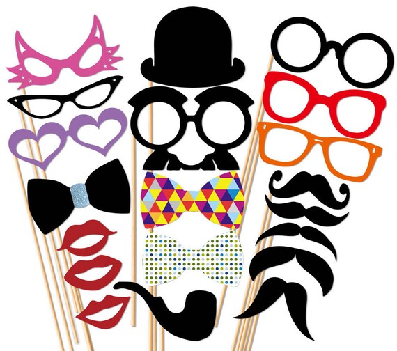 Best Wedding Photo Booth Prop - 20 Piece Set  - Mustache Glasses Lip Hat Bow Tie