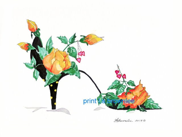 Shoe Print SHIPS FREE  - You Make My Heart Smile Flower Shoe 2012 - Enhanced with Watercolor paint and signed