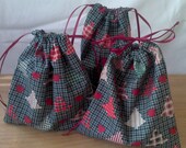 3 Christmas Tree Drawstring Fabric Gift Bags Upcycled