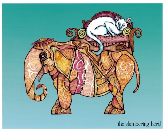 Steampunk Elephant Art Print, 8x10 with Pale Blue Cat