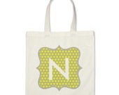 Girl Personalized Tote Bag - Polka Dot Frame Initial Tote Bag in Light Grey/Sunshine Yellow