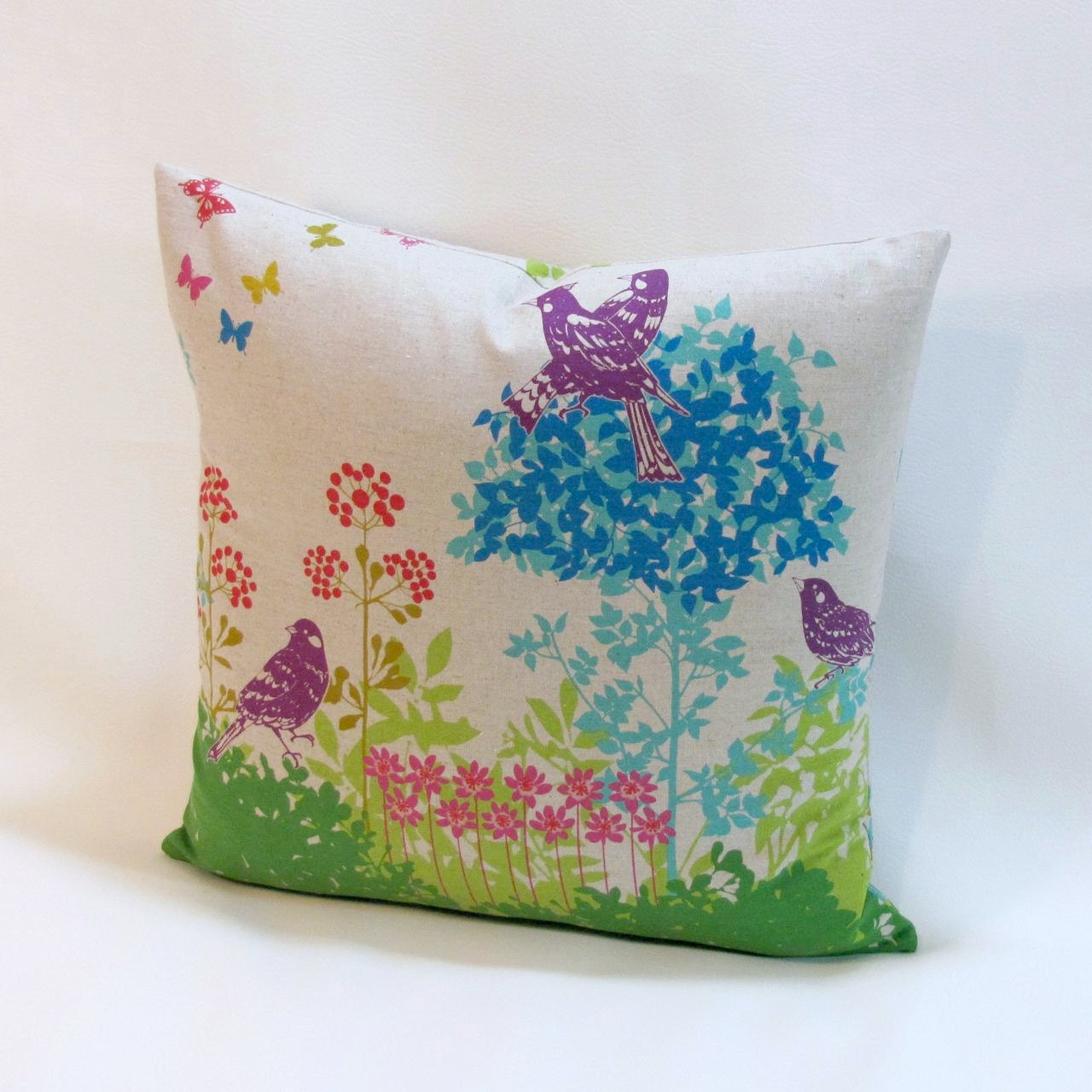 Summer Bird Garden Pillow Cover/ 18" Square/ Invisible Zipper / Reversible Echino Fabric