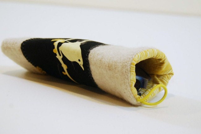 Black Yellow Bird Branch Sunglasses Case Felted Wool / Elastic Button Closure / Joel Dewberry Aviary