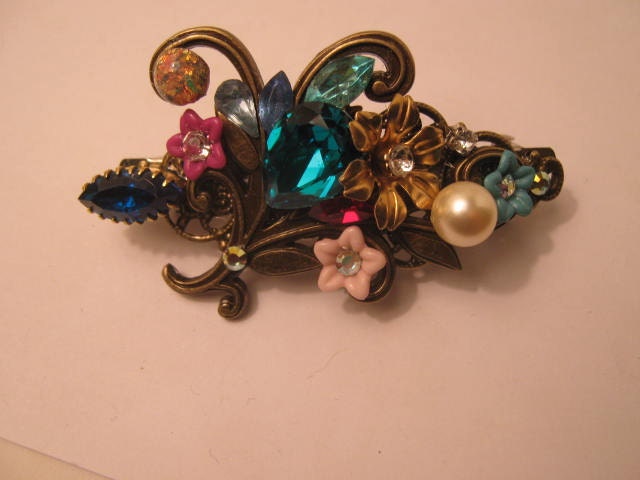 Vintage Rhinestone flower Filigree victorian collage Barrette antique bronze Swarovski crystal wedding bridesmaid bridal