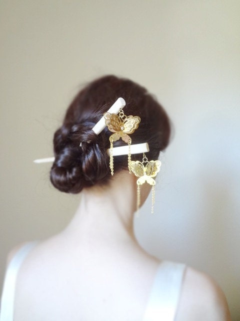 Enchanted magic- Bridal luxury brass butterfly geisha hair sticks