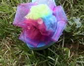 Flower girl flip flops in peacock colors made with colorful tulle and iridescent organza ribbon and rhinestones.