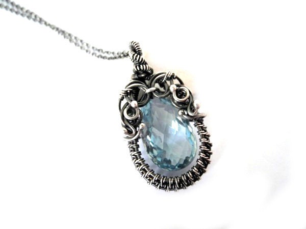 Silver Precious Necklace for elegant woman with natural stone - swiss blue Topaz, set with the sterling silver chain, ooak.