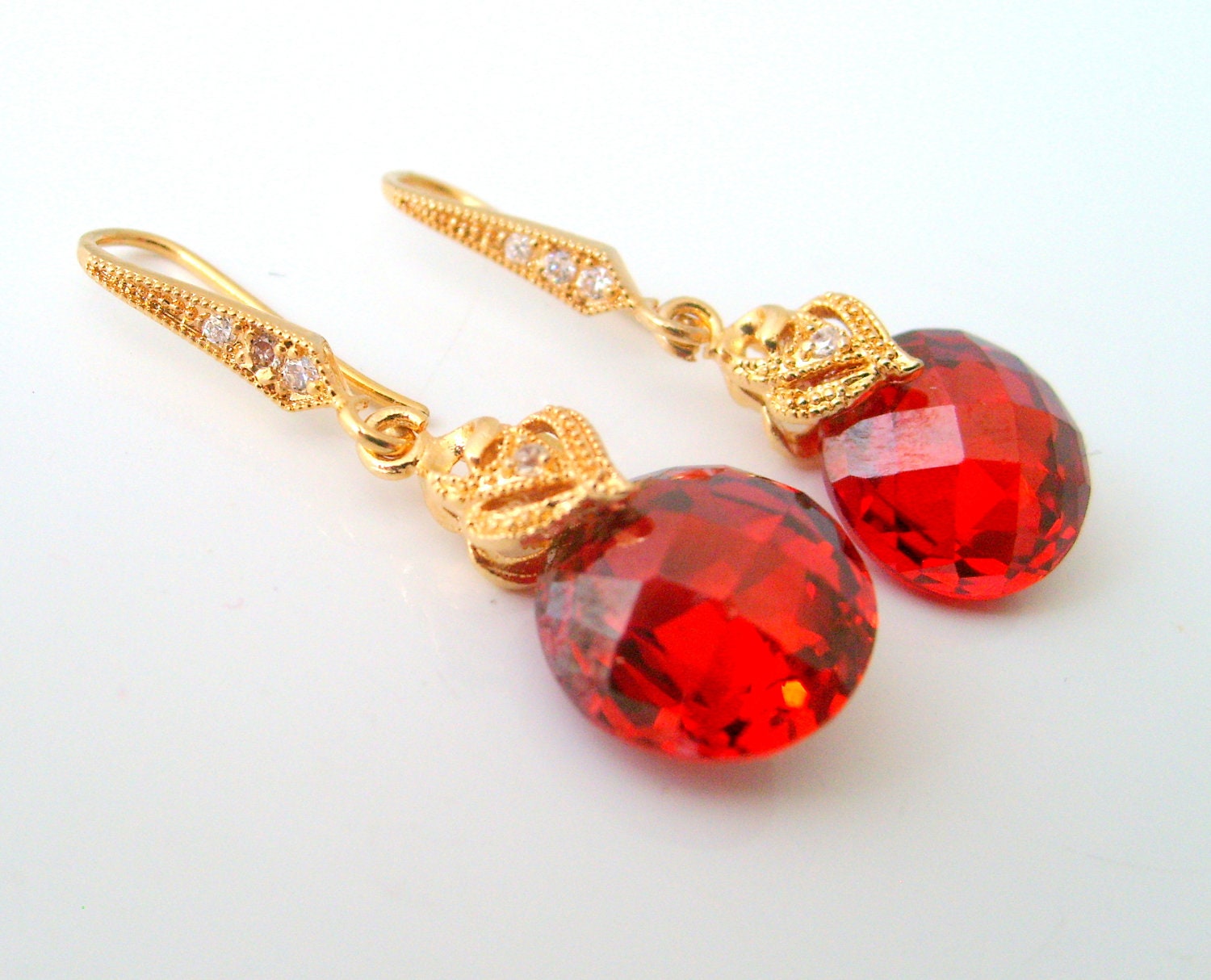 Ruby red cubic zirconia dangle earrings cz stone detail pinch bail cz stone detail hook ear wire wedding jewelry  women's accessory