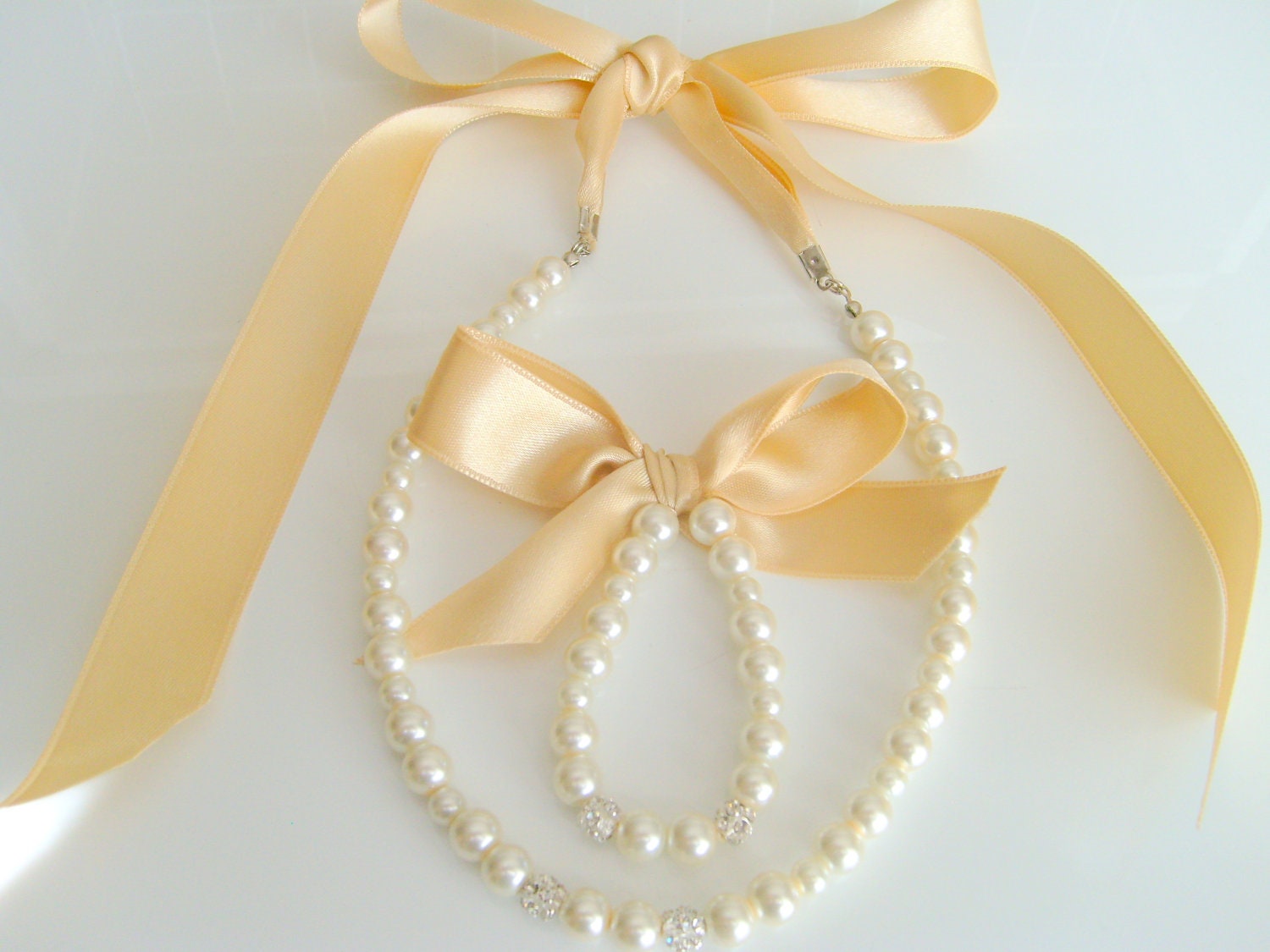flower girl jewelry set with ivory pearl swarovski balls and champagne ribbon adjustable flower girl necklace flower girl bracelet