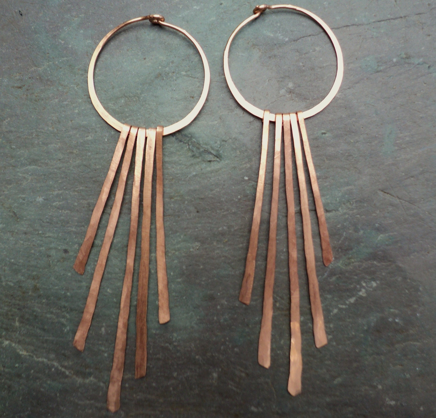 Copper hoop with long hand hammered copper dangles. Long sexy abstract copper women's earrings.