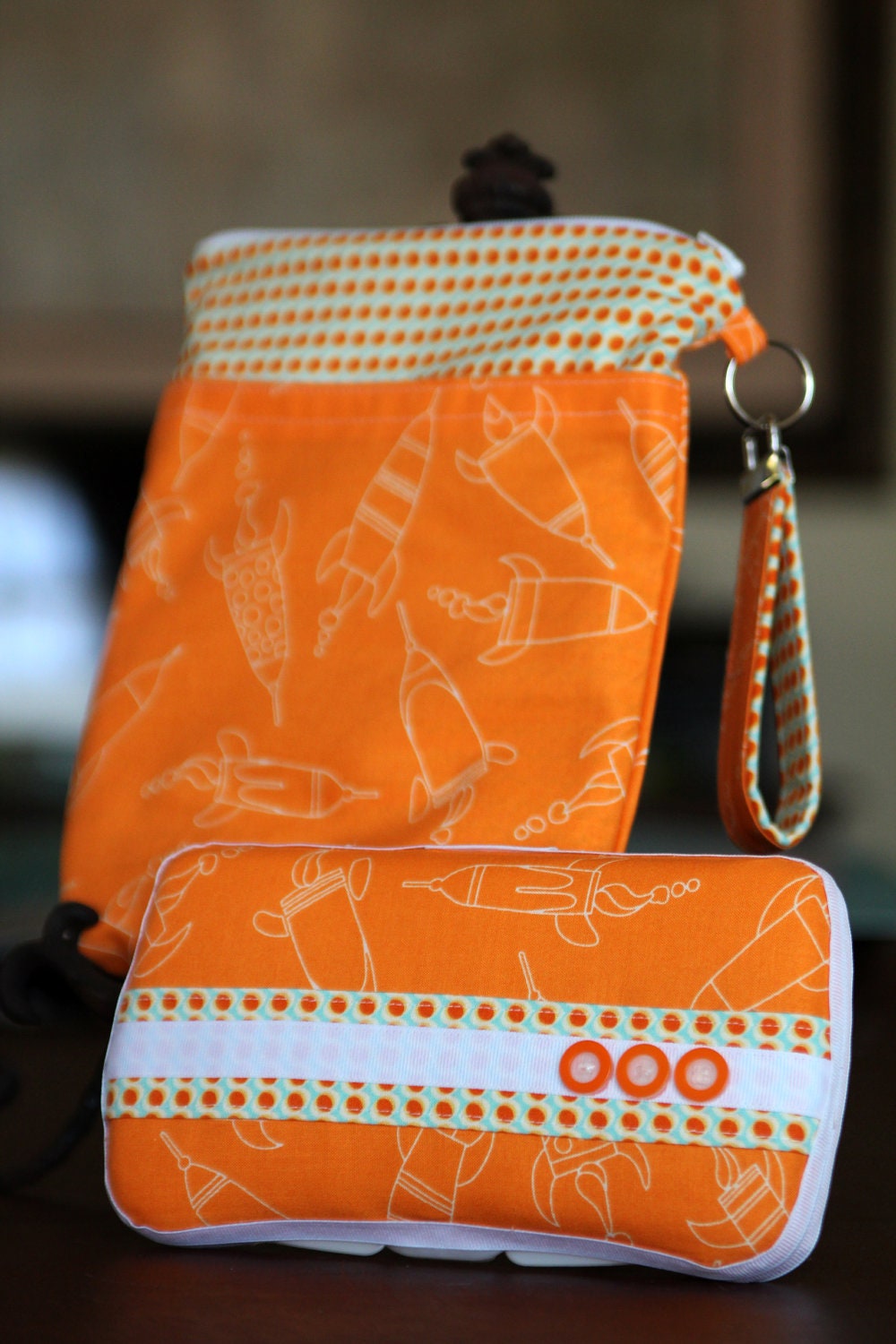 Rocket Diaper Changing Set  (Boy) - Wet Bag & Wipes Case  - Tangerine and White