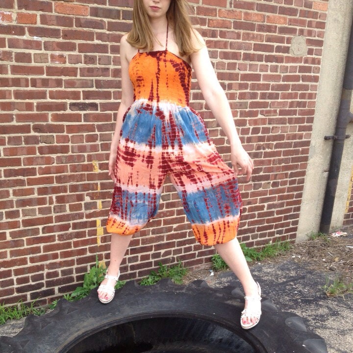 90s Grunge Tie Dye Batik Harem Pant Smocked Tube Top Jumpsuit