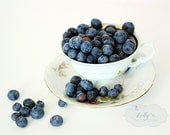 Morning Blues- Blueberries in Vintage Teacup- Still Life Food Photography- White Blue- Kitchen Decor- 8x10 Fine Art Print