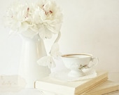 Gossamer Dream- Dreamy White Still Life Photograph- Peonies, Teacup, Books- Cottage Chic- 8x12 Fine art Print
