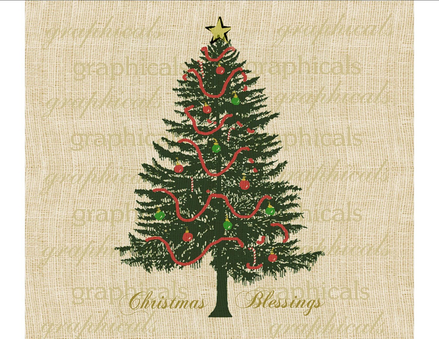Christmas tree Red Green ornaments Digital download image for iron on fabric transfer burlap decoupage pillows cards papercraft No. 1784 - graphicals
