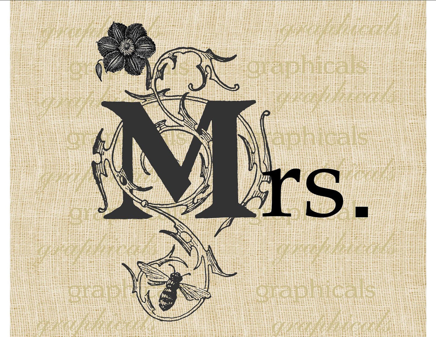 Digital download image Mrs. monogram leaves flowers bee initials for transfer to fabric pillowcases, linens, towels pillows No. 315