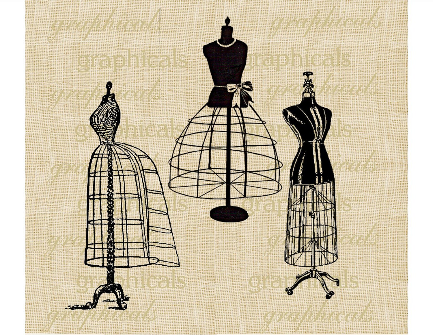 Vintage Paris dress forms Digital download image Fashion Style for transfer to fabric burlap paper decoupage cards pillows No. 619