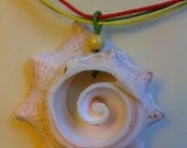 Conch Shell Rasta Colors String Necklace - Surf, reggae, SUP, beach, green, red, yellow, Summer, Jamaica