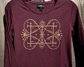 Burgundy Long Sleeve T-shirt with Copper Decorative Screen Print - Women's Small