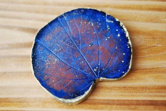 air dry clay art object, blue leaf shape, wall decor