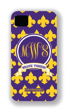 LSU Geaux Tigers Personalized Monogram iPhone Case, Cover, Shell - Fleur De Lis