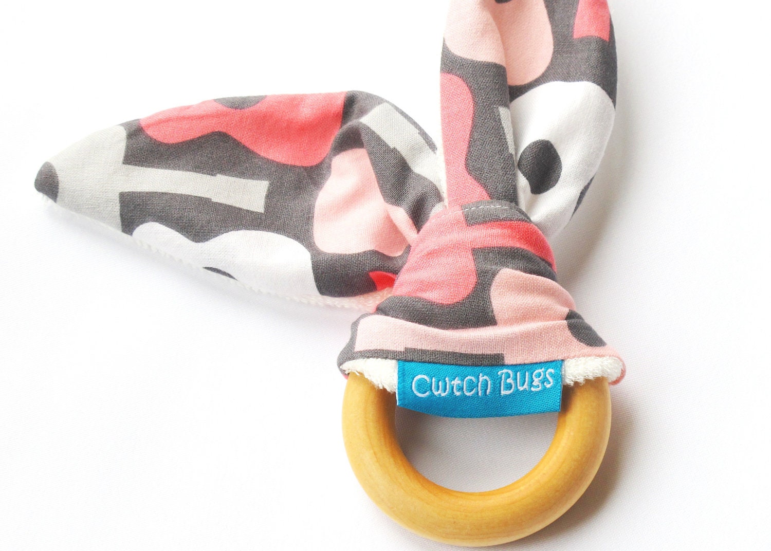 Natural Wooden Teething Ring Soother in 'Groovy Guitars in Bloom'  fabric and Bamboo Terry..by Cwtch Bugs