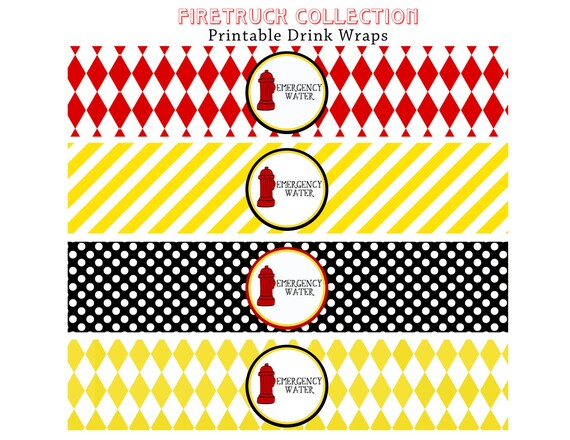 WATER BOTTLE Wraps - FIRETRUCK Birthday - Printable Libby Lane Press Il_570xn