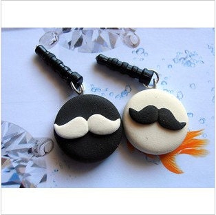 2Pc Black and White mustache Couple Lover Clay Dust Plug - 3.5mm Smart Phone Earphone Cap Dustproof Charms for iPhone 4 4s 5 ipad