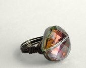 Custom Sized Wire Wrapped Ring with Shimmering 18mm Rainbow Multi-faceted Glass Bead