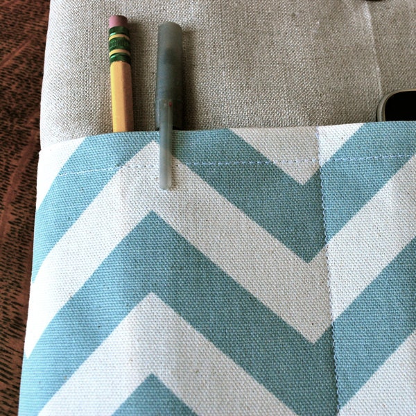 13 inch laptop Macbook Mac book Pro or Macbook Air Cover Padded Case Sleeve - Linen with Village Blue Chevron Zig ZagFabric Pocket