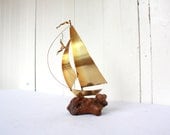 Vintage Sailboat, Brass Sailboat, Sailboat Sculpture, DeMott, Nautical, Beach, Ocean, Gold, Wood Base, Fall Colors