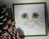 SALE - Coaster -  Cat Face - Mug Mat -  white with green eyes - plastic canvas
