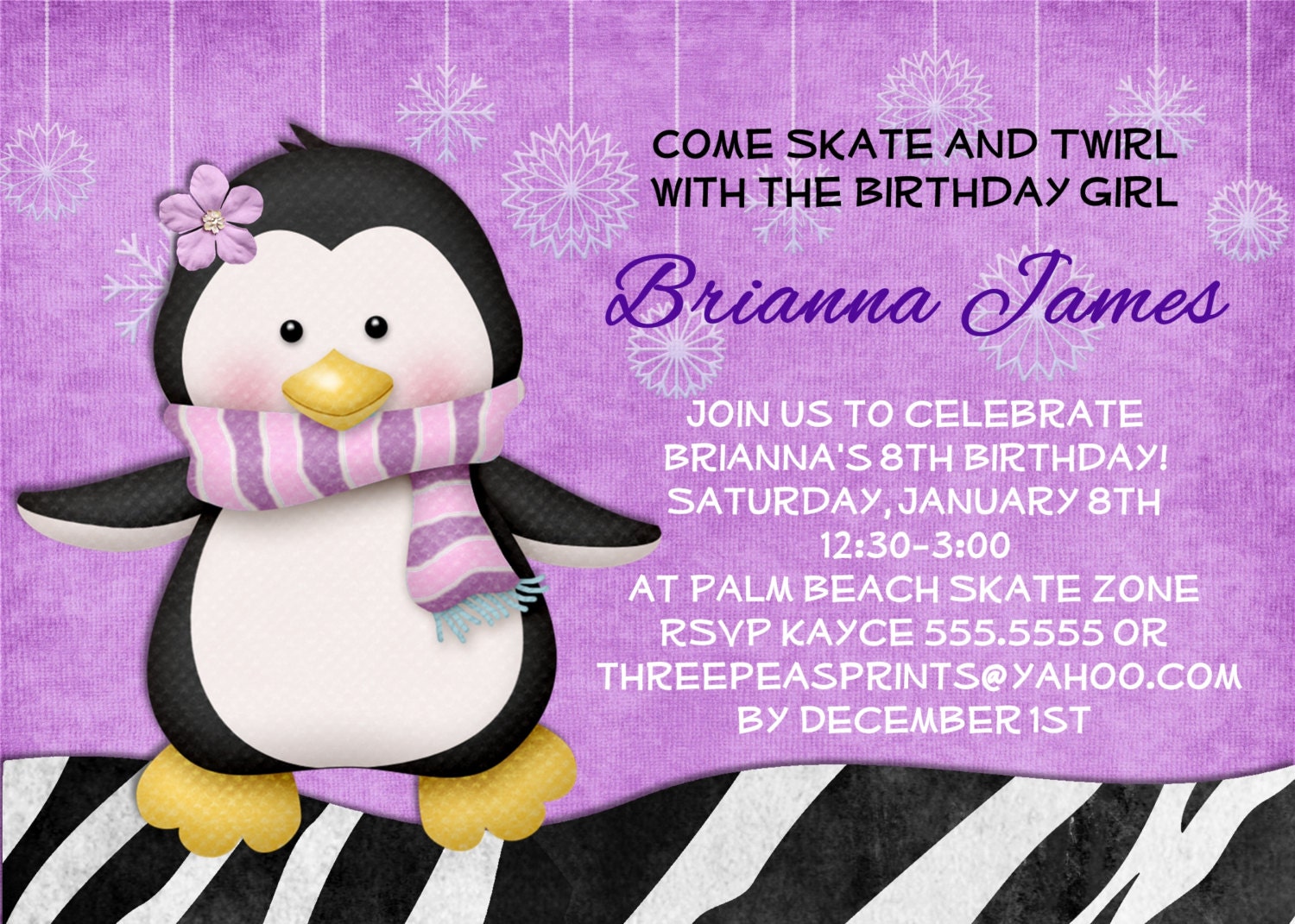 Ice Skating Penguin Birthday Invitation - Zebra Print Invite Printable and Custom Il_170x135