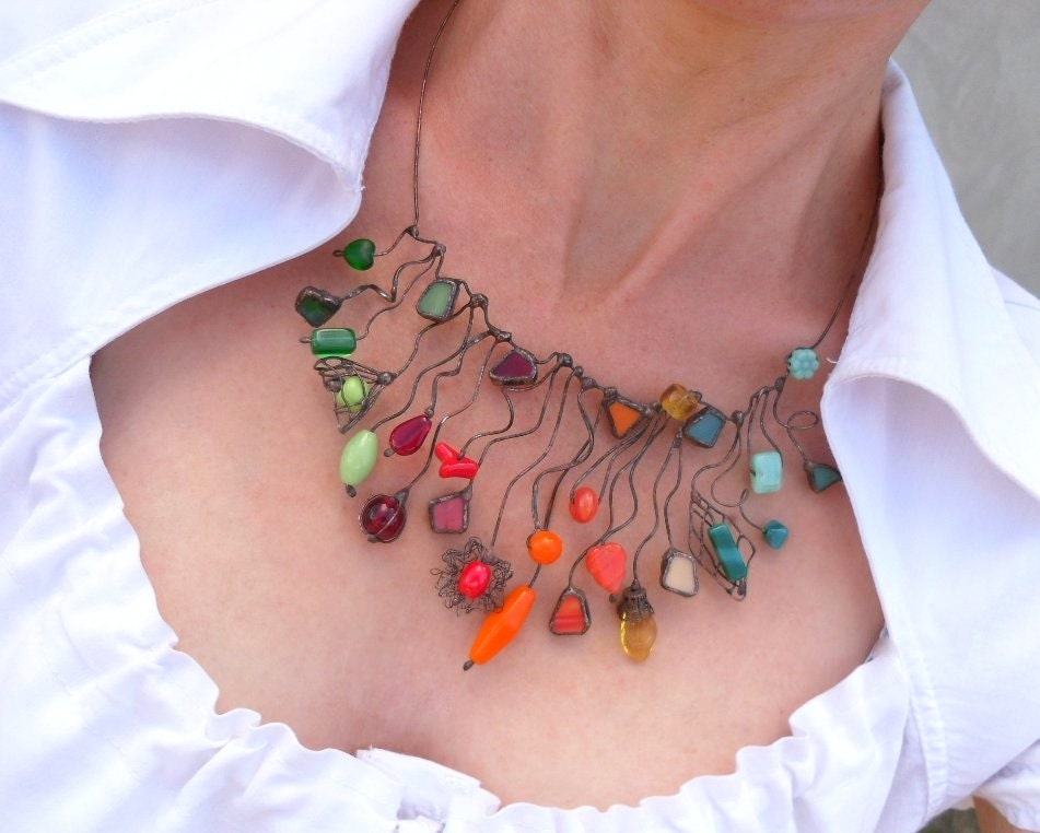 Stained glass necklace beaded colorful jewelry copper wire funky statement Crazy - ArtemisFantasy