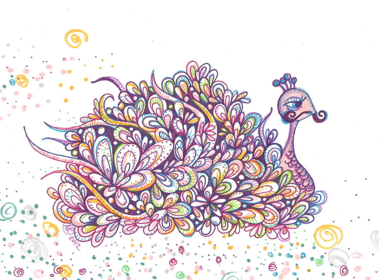 Peacock with Mustache and Chest Hair Drawing - Failed Original Art with Sharpies, Copic markers, and confusion.