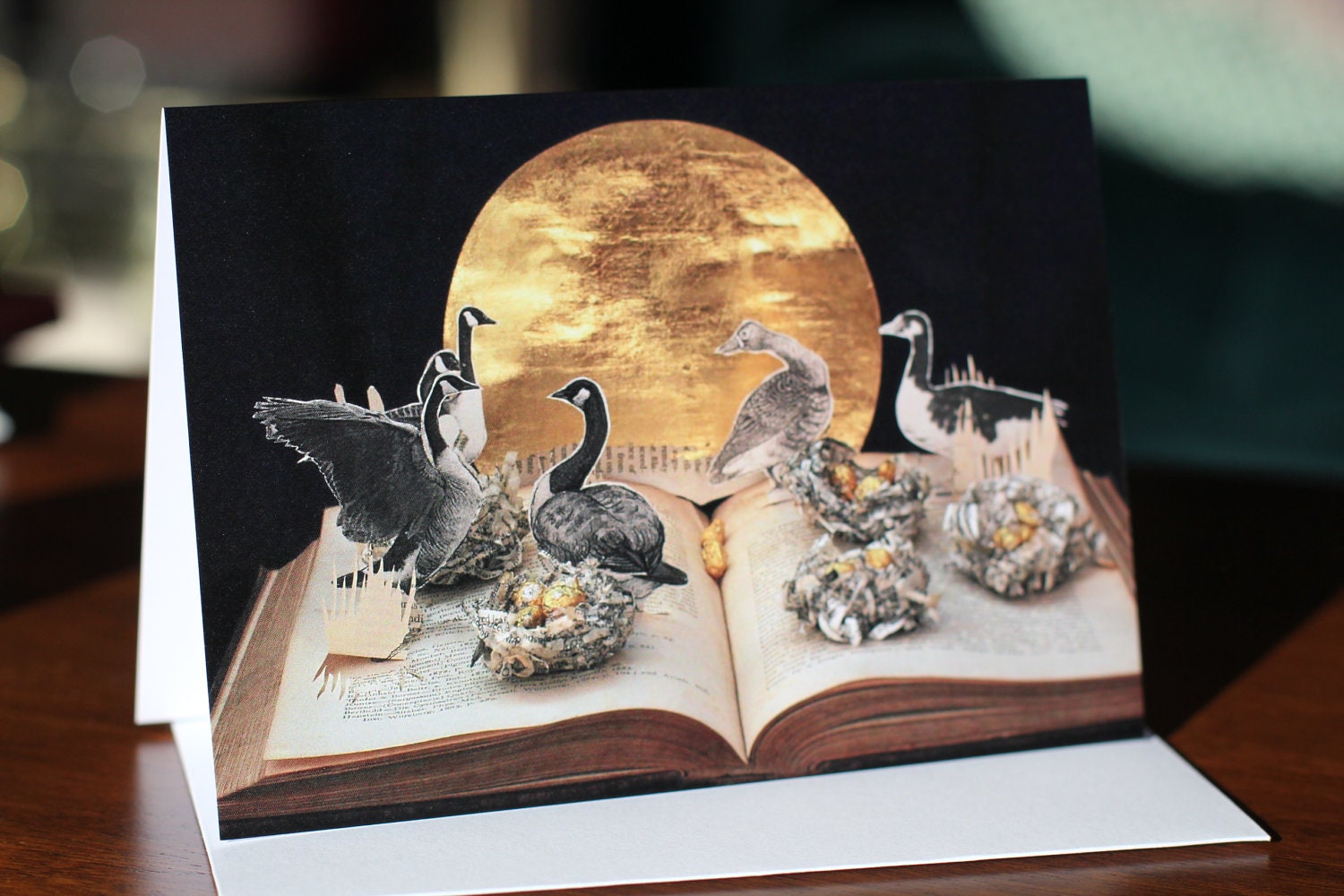 Six Geese a Laying card from an altered book sculpture
