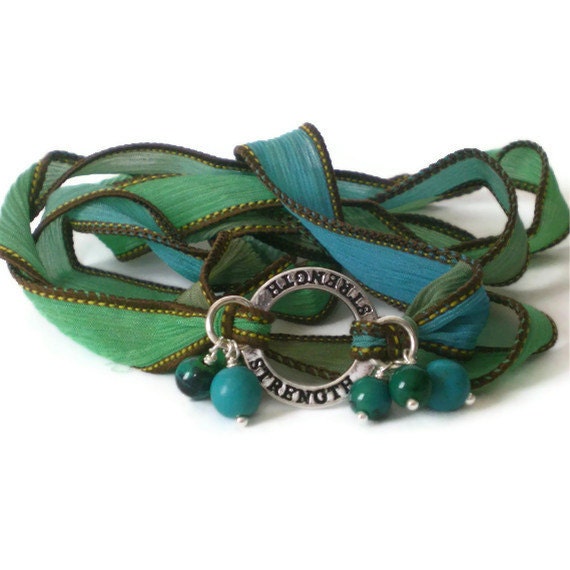 silk ribbon wrap bracelet, yoga inspired, turquoise beads, chrysocolla beads,silver affirmation ring, boho wrist wrap