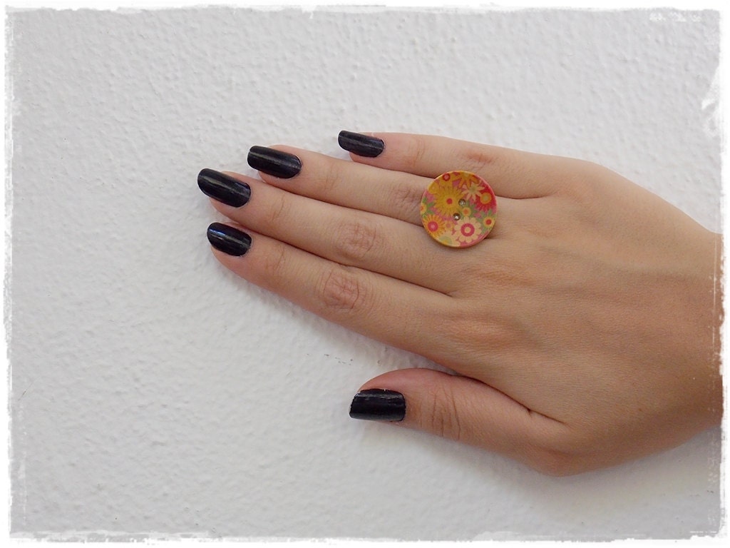 Wooden Button Ring, Adjustable Button Ring, Spring Floral Jewelry
