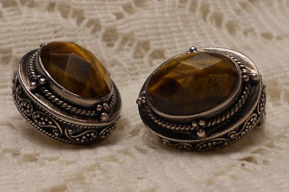 Vintage Ornate Sterling Silver Tiger Eye Earrings by Lori Bonn