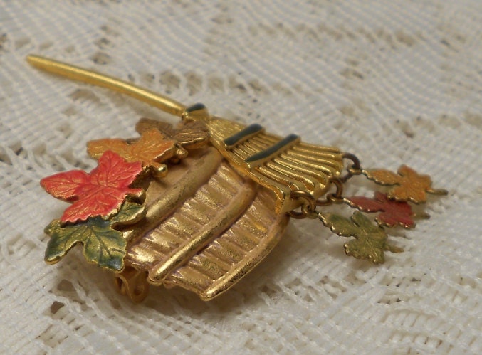 Vintage Basket of Autumn Maple Leaves with Rake Brooch Pin by KC