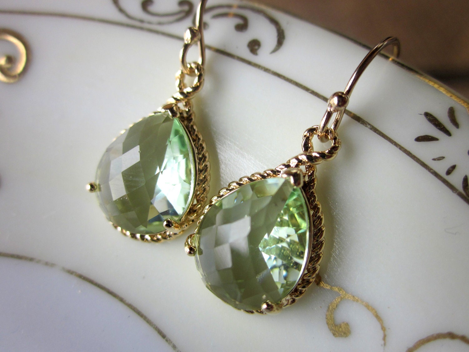 Prasiolite Earrings Green Gold Teardrop Bridesmaid Earrings - Bridal Earrings - Wedding Earrings - Christmas Gift