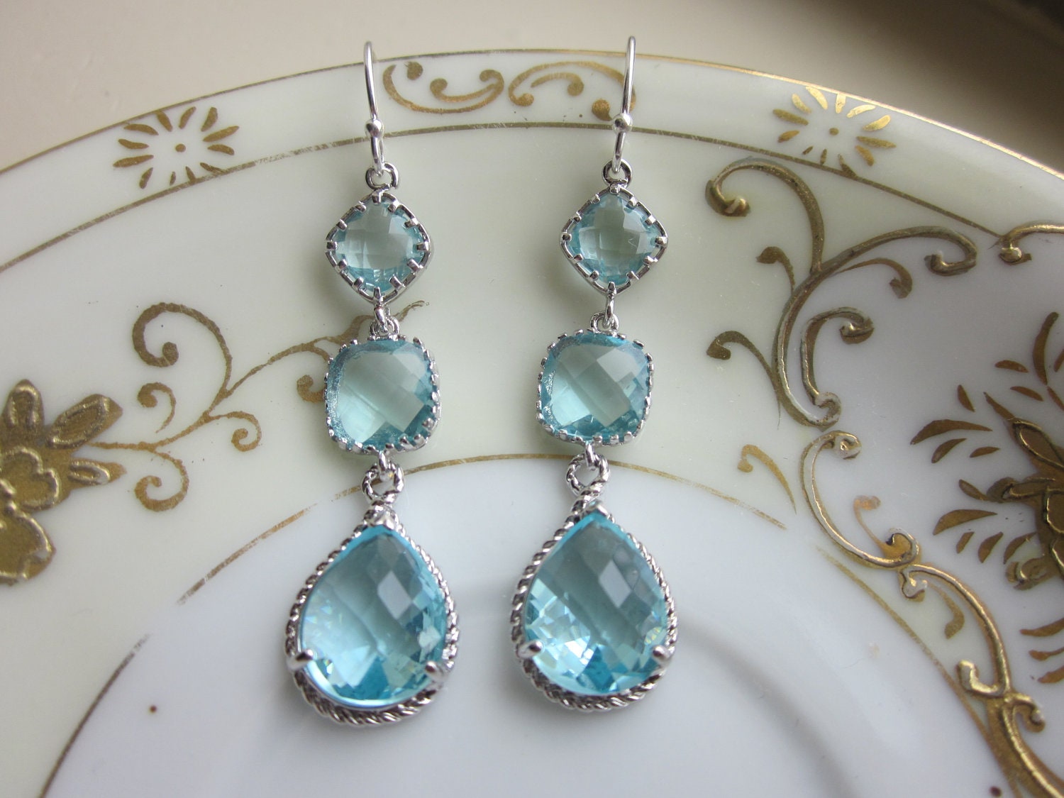Aquamarine Earrings Silver Aqua Blue - 3 tier Sterling Silver - Bridesmaid Earrings - Wedding Earrings - Christmas Gift - Gift under 50